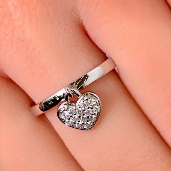 Sterling Silver Dangling Heart CZ Ring New - Picture 5 of 6